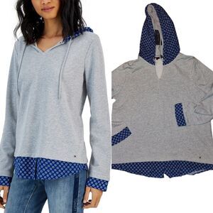 New Tommy Hilfiger Faux Layered hoodie Top blouse Shirt . Gray blue  Large